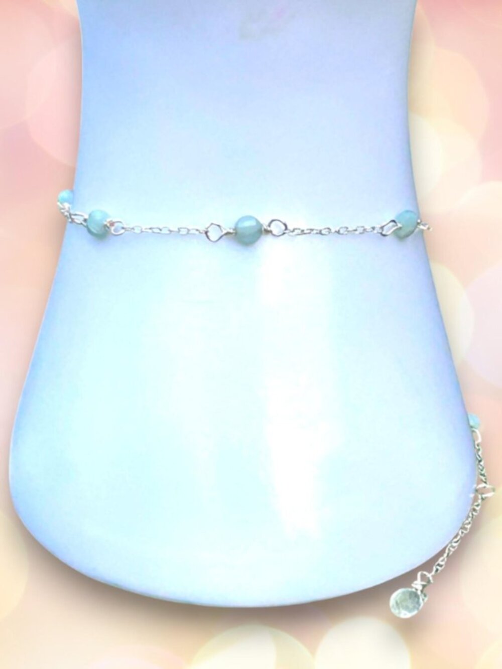 Aquamarine Coin Anklet/Bracelet in Sterling Silver, March Birthstone